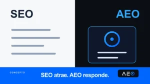 Comparación visual entre una lista de enlaces SEO y una respuesta seleccionada por AEO.