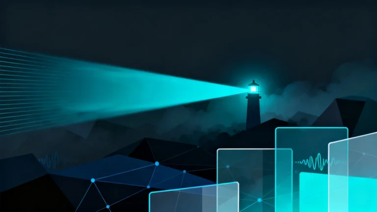Un haz de luz cian atravesando niebla geométrica oscura